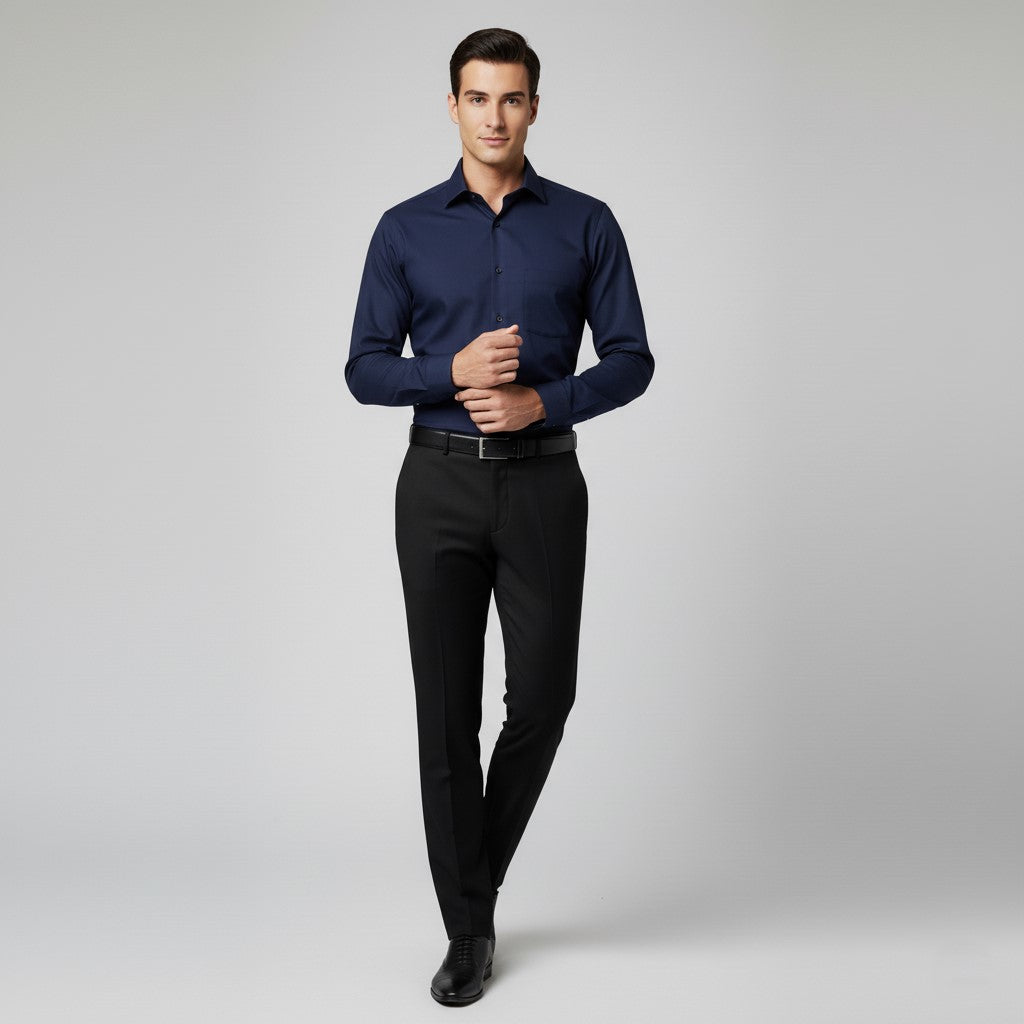 Men Navy Blue Slim Fit Full Sleeves Cotton Formal Shirt