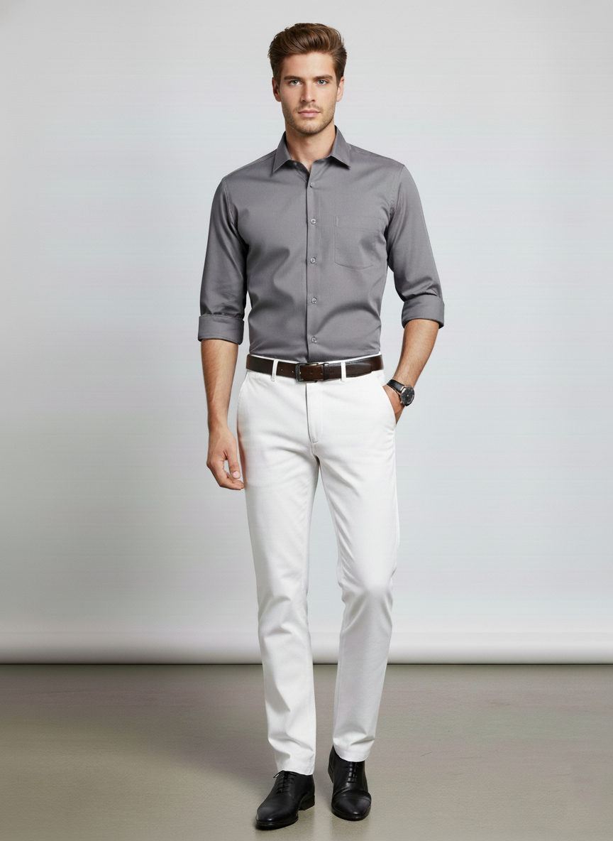Men Light Grey Slim Fit Full Sleeves Cotton Formal Shirt