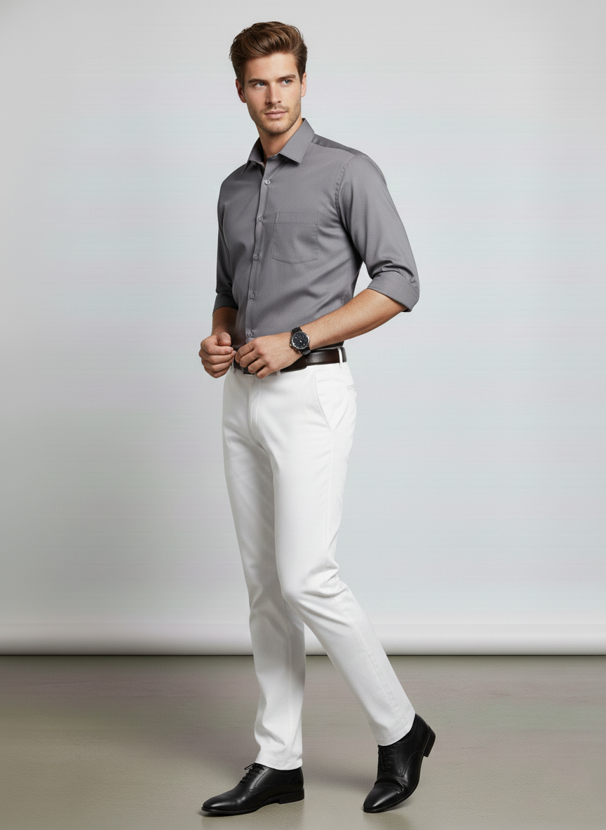 Men Light Grey Slim Fit Full Sleeves Cotton Formal Shirt