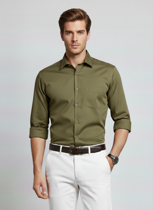 Men Olive Green Slim Fit Full Sleeves Cotton Formal Shirt