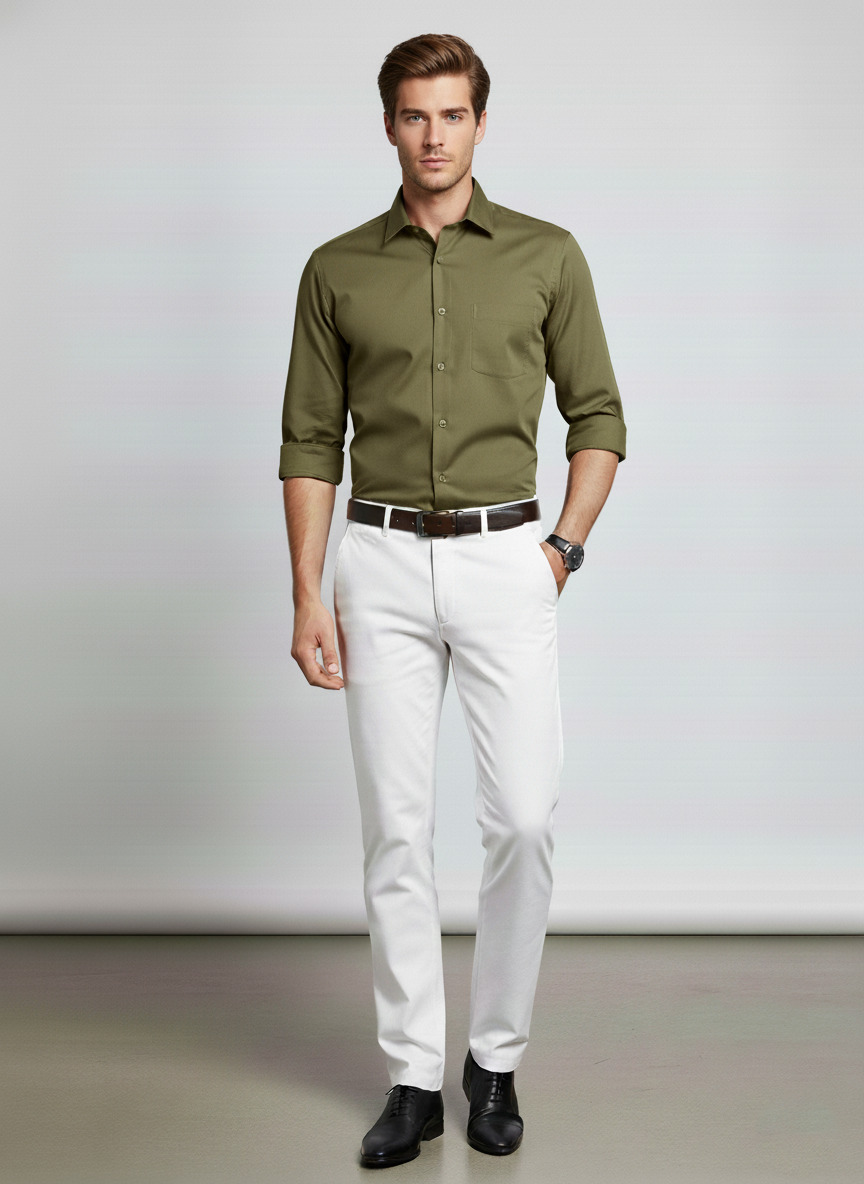Men Olive Green Slim Fit Full Sleeves Cotton Formal Shirt
