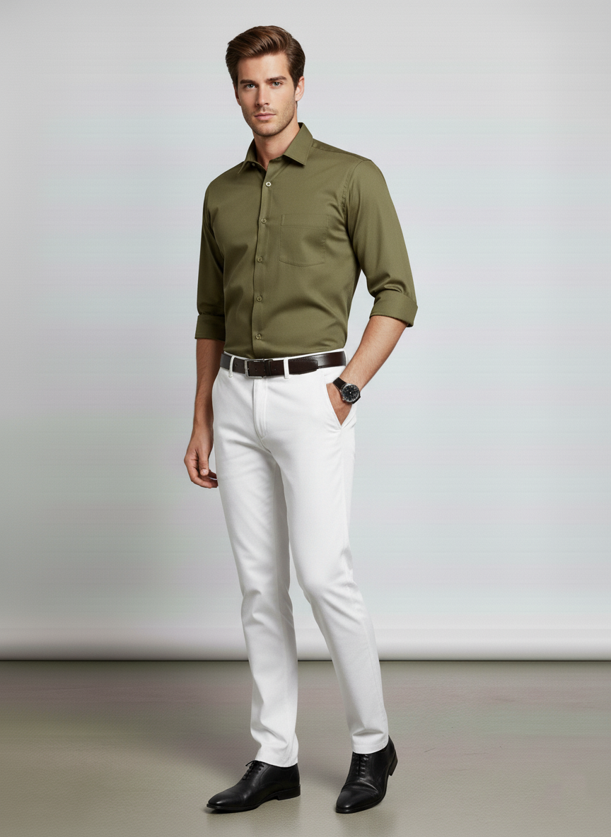 Men Olive Green Slim Fit Full Sleeves Cotton Formal Shirt