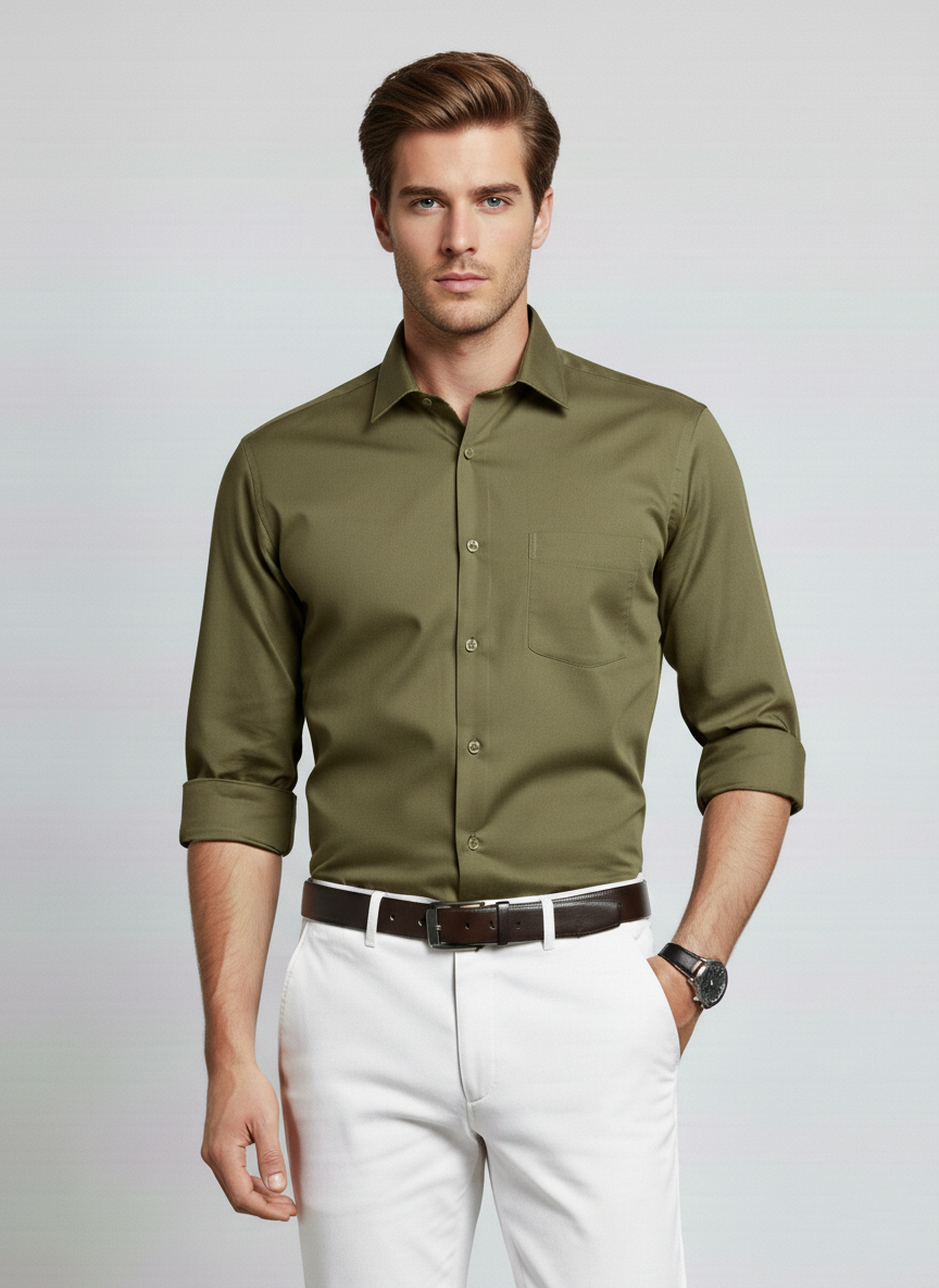 Men Olive Green Slim Fit Full Sleeves Cotton Formal Shirt