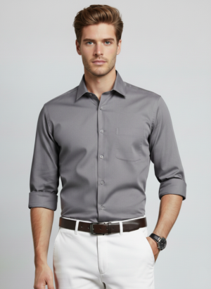 Men Light Grey Slim Fit Full Sleeves Cotton Formal Shirt