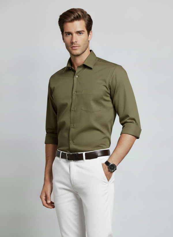 Men Olive Green Slim Fit Full Sleeves Cotton Formal Shirt